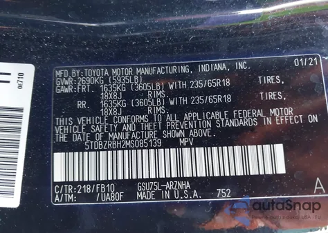 2021 Toyota Highlander Le из США, поврежденный, VIN 5TDBZRBH2MS085139